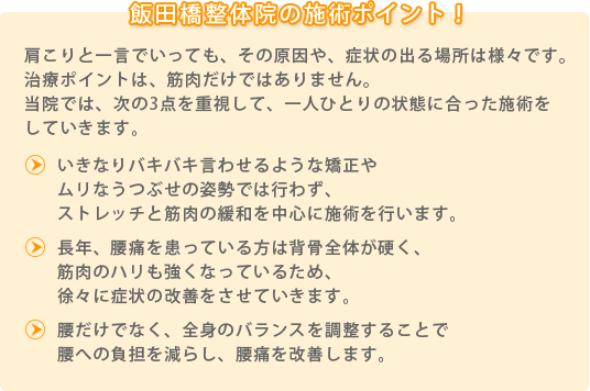 飯田橋整体院の施術ポイント！ 腰痛と一言でいっても、その原因や、症状の出る場所は様々です。治療ポイントは、筋肉だけではありません。当院では、次の3点を重視して、一人ひとりの状態に合った施術をしていきます。 1.いきなりバキバキ言わせるような矯正やムリなうつぶせの姿勢では行わず、ストレッチと筋肉の緩和を中心に施術を行います。 2.長年、腰痛を患っている方は背骨全体が硬く、筋肉のハリも強くなっているため、徐々に症状の改善をさせていきます。 3.腰だけでなく、全身のバランスを調整することで腰への負担を減らし、腰痛を改善します。