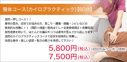 当院一押しコース！！
                身体の歪み、症状でお悩みの方、肩こり・腰痛・頭痛・シビレなどの
                根本的な改善に！！（問診＋検査＋筋肉ほぐし＋全身骨格矯正＋改善指導）
                急性疾患を除いて、ほとんどの痛みやコリは身体が歪んでから起こります。
                当院のカイロプラクティックコースで症状を根本的に改善し、
                快適な身体・美しい姿勢・動きの軽さを体感して下さい！
                5,400円＋税（初回のみクーポン価格）
                7,000円＋税